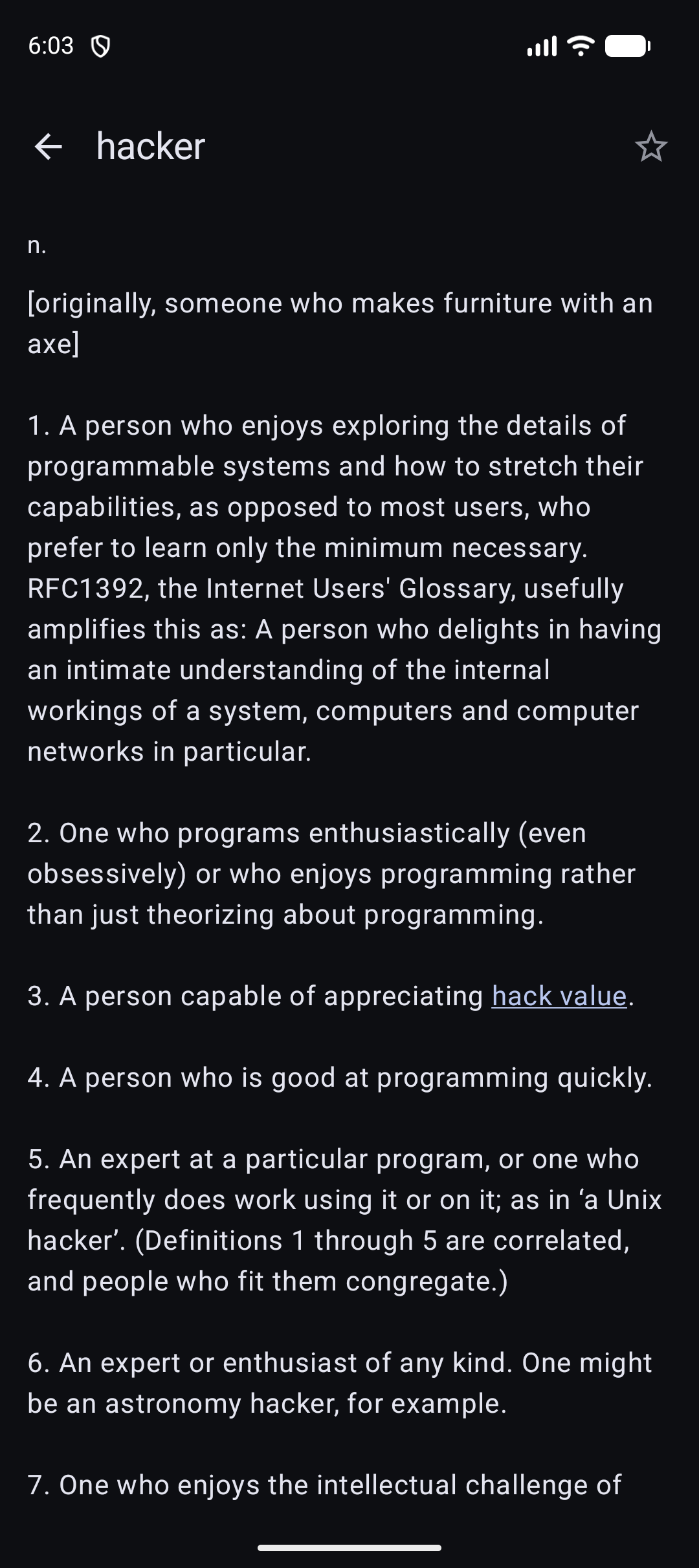 Jargon app showing the full definition of the entry "hacker," including its eight numbered senses and etymology