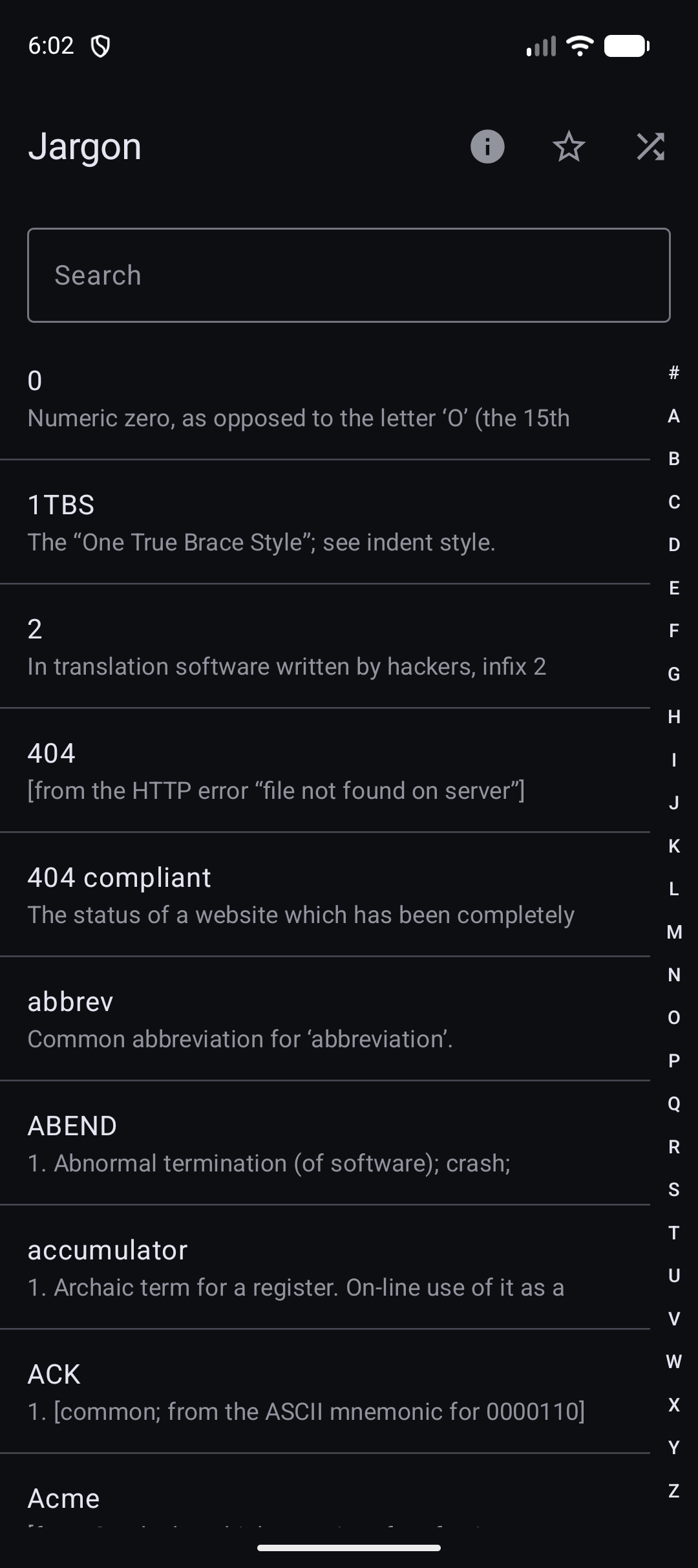 Jargon app showing an alphabetized list of dictionary entries with a fast-scroll index on the right
