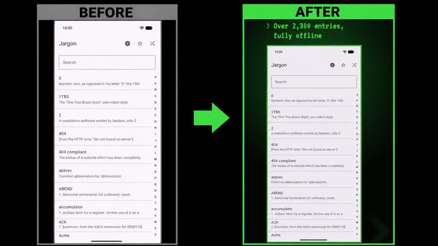 Before and after panels showing a raw Jargon capture becoming a green terminal-themed Google Play image